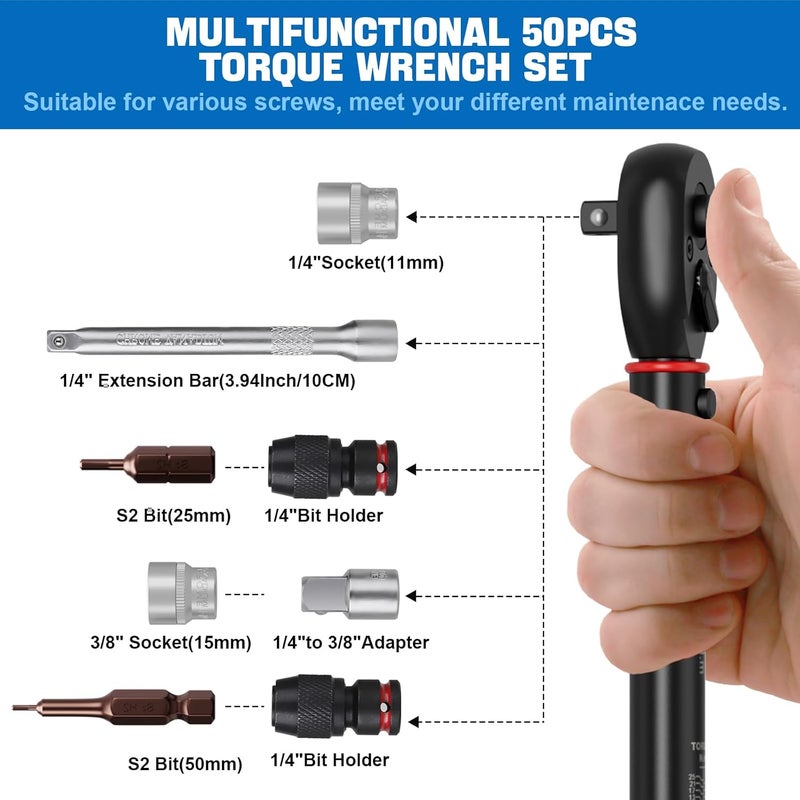 SUERCUP 1/4" 50 PCS Torque Wrench Set, 3-25Nm 72 Tooth Drive Click Torque Wrench Set with S2 Bit Sockets, 1/4" Extension Bar and 3/8" Adapter, Used for Bicycle Maintenance and DIY - Image 3